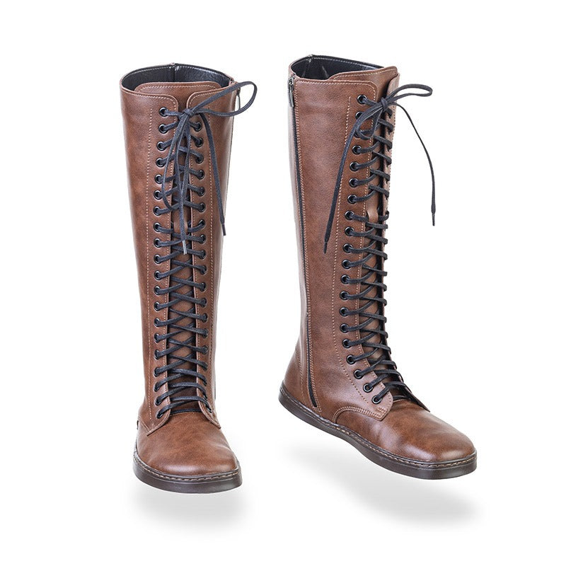 Pair of Peerko Women's Vegan Boots Empire - Nut, one showing the front view and the other showing the inner side view.