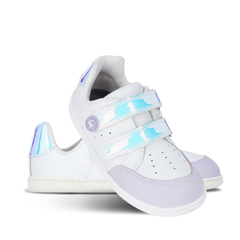 Pair of Be Lenka Kids Trainers Energise - White Iridescent, one angled and leaning showing the outer side, the other partially showing the inner side