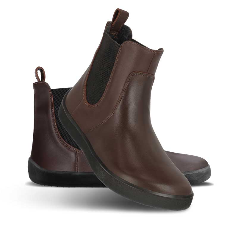 Pair of Be Lenka Adults Boots Entice Neo - Dark Brown and Black, one angled and leaning showing the outer side, the other partially showing the inner side