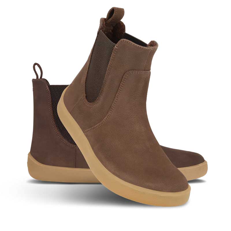Pair of Be Lenka Adults Boots Entice Neo - Matt Dark Brown, one angled and leaning showing the outer side, the other partially showing the inner side