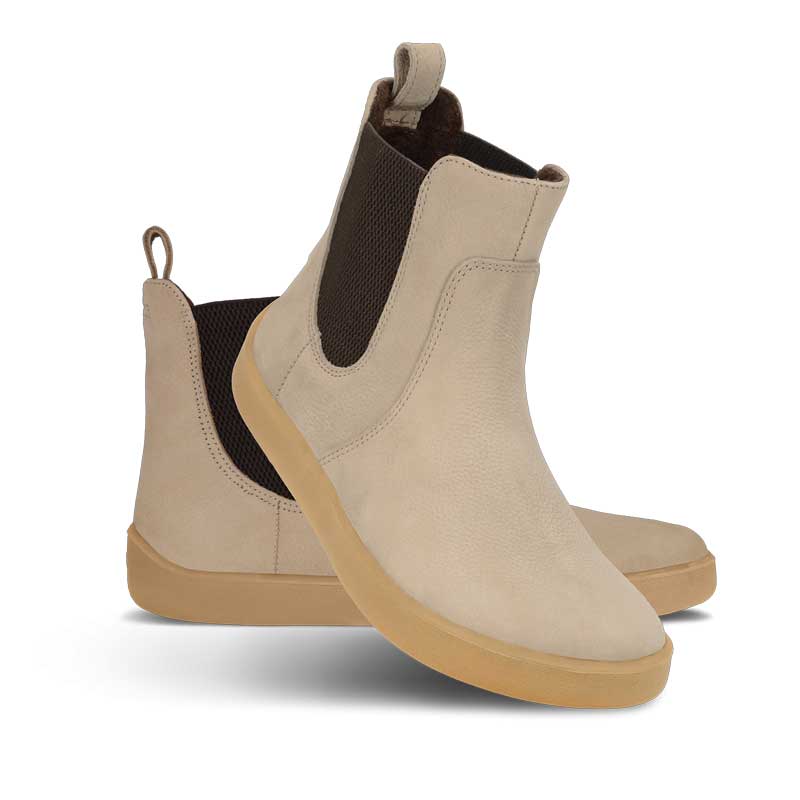 Pair of Be Lenka Adults Boots Entice Neo - Matt Sand, one angled and leaning showing the outer side, the other partially showing the inner side