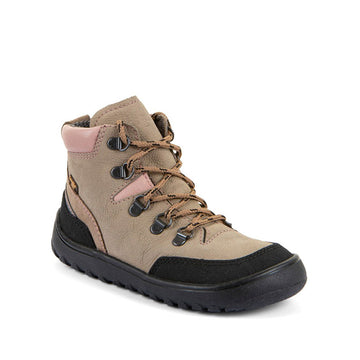 Froddo Barefoot Waterproof Up Trail Boot - Beige, angled view showing outer side and front.