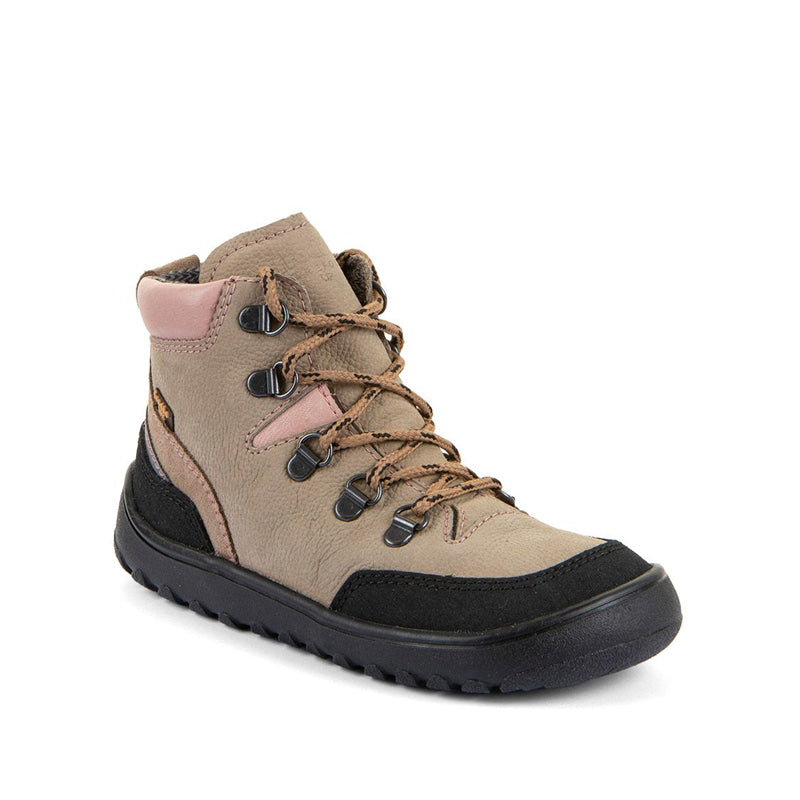 Froddo Barefoot Waterproof Up Trail Boot - Beige, angled view showing outer side and front.