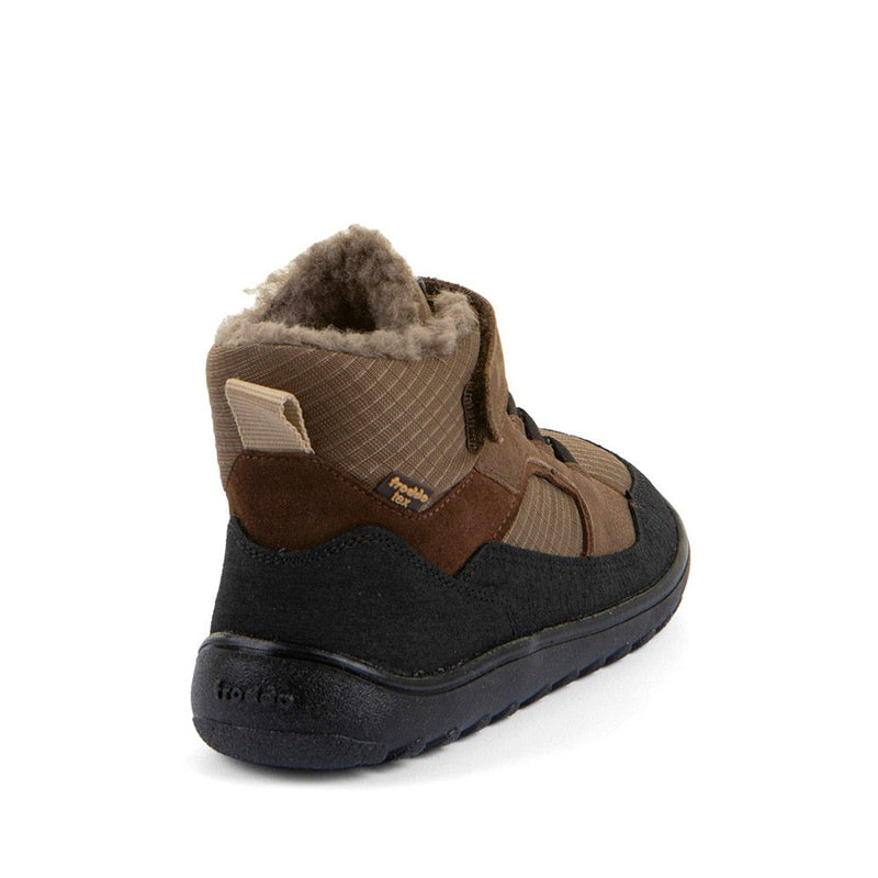 Froddo Kids Barefoot Waterproof Up Path Boot - Brown, angled view showing outer side and rear.