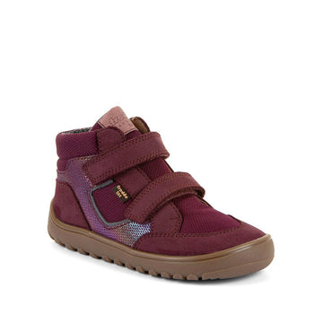Froddo Kids Barefoot Waterproof Up Hill Boot - Bordeaux, angled view showing outer side and front.