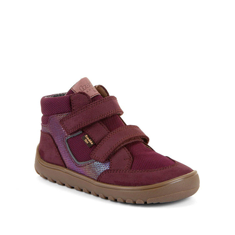 Froddo Kids Barefoot Waterproof Up Hill Boot - Bordeaux, angled view showing outer side and front.