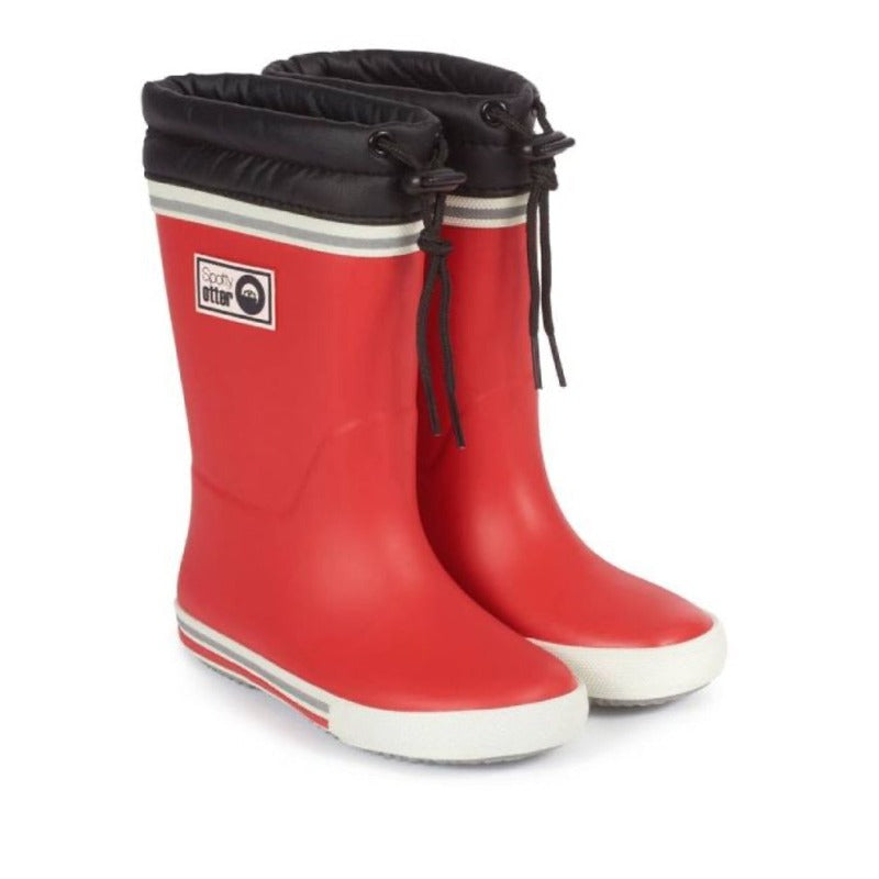 Pair of Spotty Otter Kids Fleece Lined Wellies Forest Leader - Red.