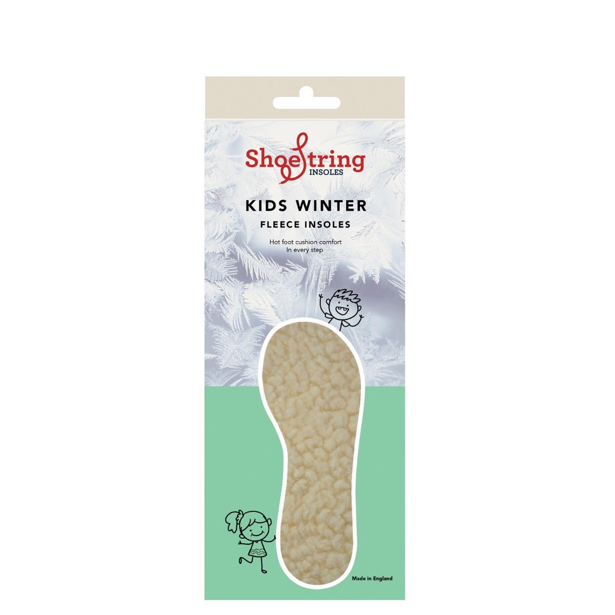 Packaged kids winter fleece insoles with 'Shoe String' branding.