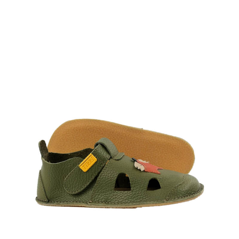 Pair of Tikki Kids Nido Sandals - Fox, one showing the outer side and the other showing the sole view.
