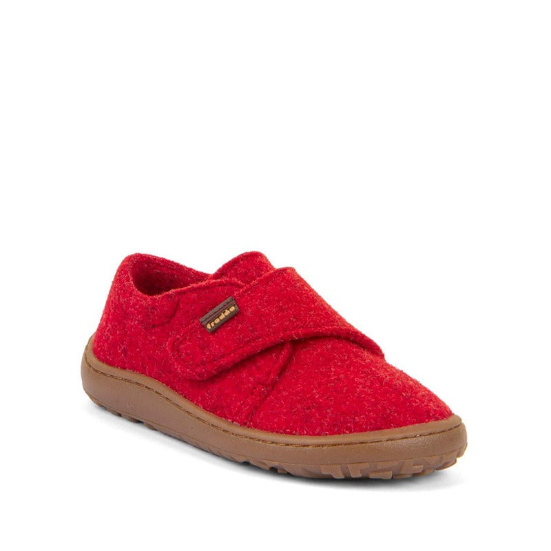 Froddo Kids Barefoot Wooly Slippers in red, angled view showing outer side and front.