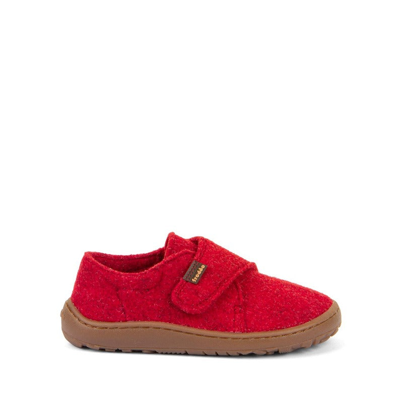 Froddo Kids Barefoot Wooly Slippers in red, outer side view.
