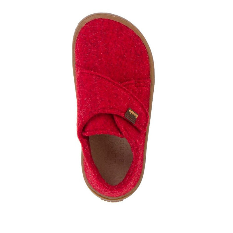 Froddo Kids Barefoot Wooly Slippers in red, top view.