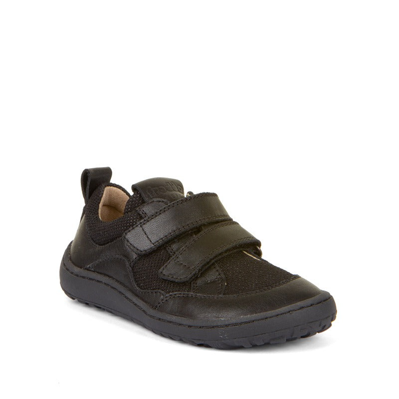 Froddo Kids Barefoot School Sports Shoes - Black, angled view showing outer side and front.