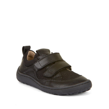 Froddo Kids Barefoot School Sports Shoes - Black, angled view showing outer side and front.