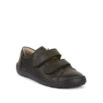 Froddo Kids Alex Barefoot School Shoe in black, angled view showing outer side and front.
