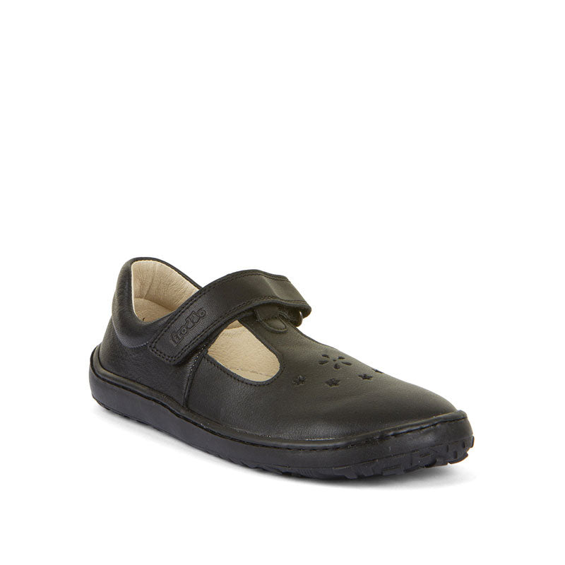 Froddo Kids Nina Barefoot T-Bar School Shoe in black, angled view showing outer side and front.