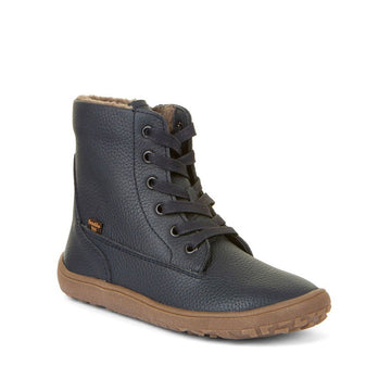 Froddo Kids Barefoot Waterproof Boot Tex Laces in dark blue, angled view showing outer side and front.