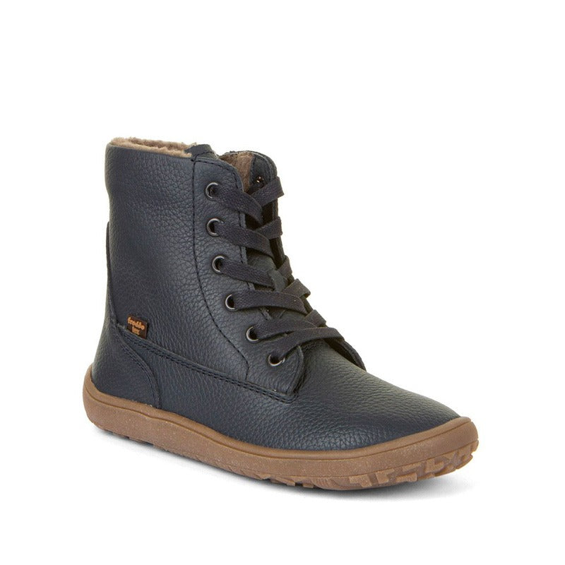 Froddo Kids Barefoot Waterproof Boot Tex Laces in dark blue, angled view showing outer side and front.