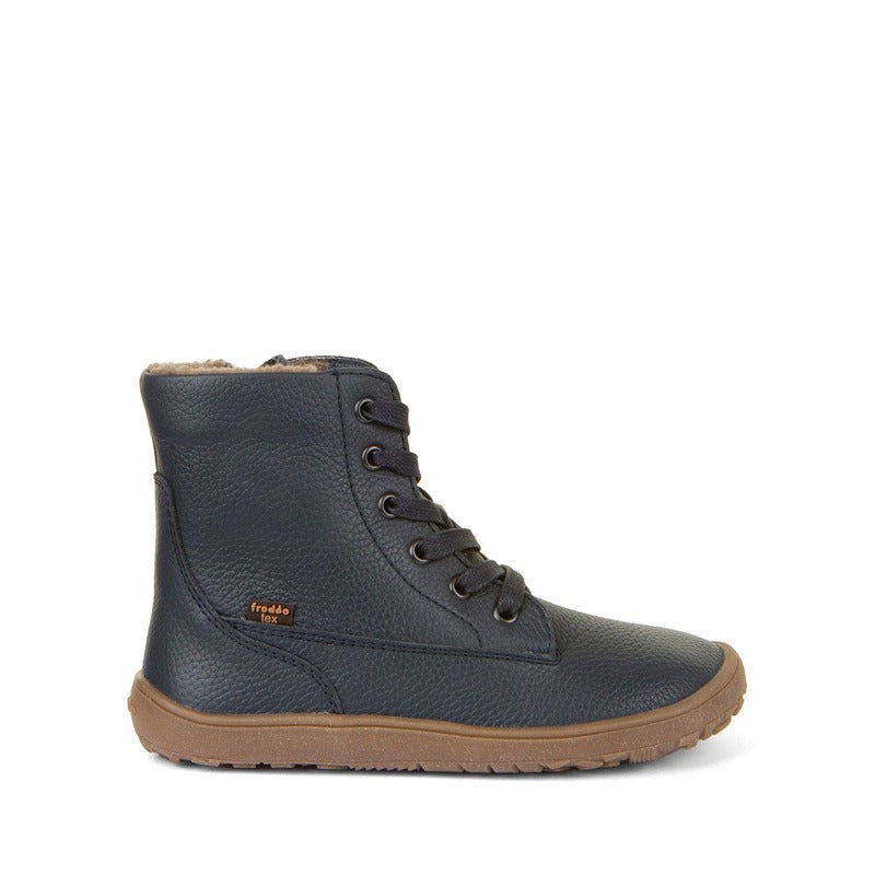 Froddo Kids Barefoot Waterproof Boot Tex Laces in dark blue, outer side view.