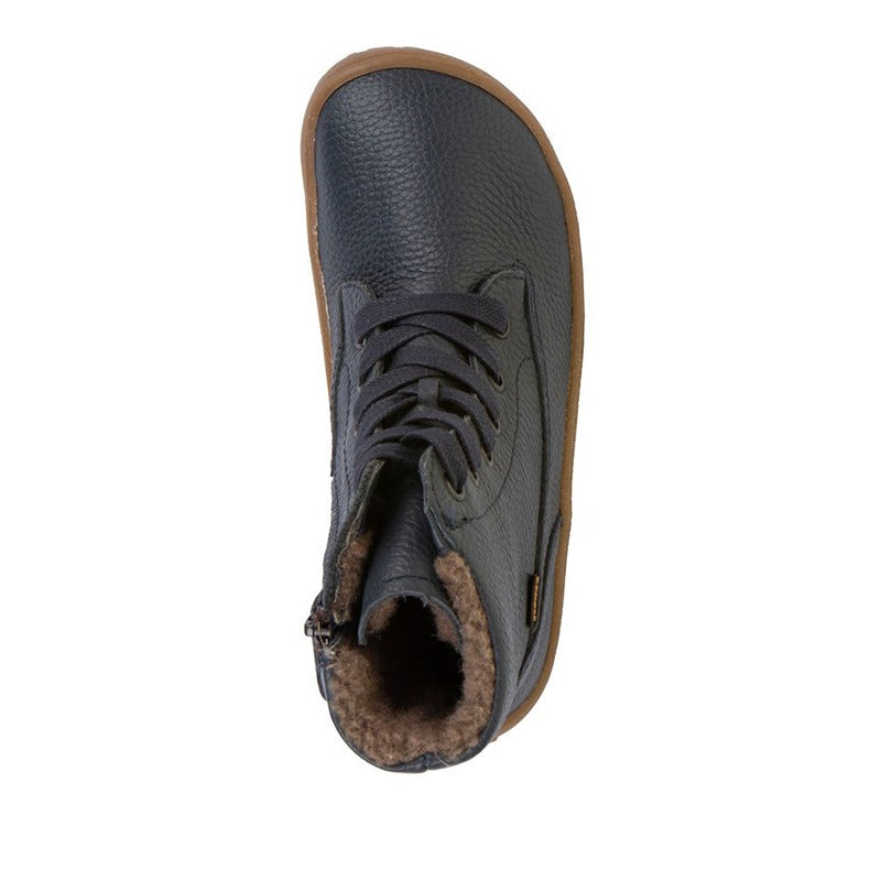 Froddo Kids Barefoot Waterproof Boot Tex Laces in dark blue, top view.