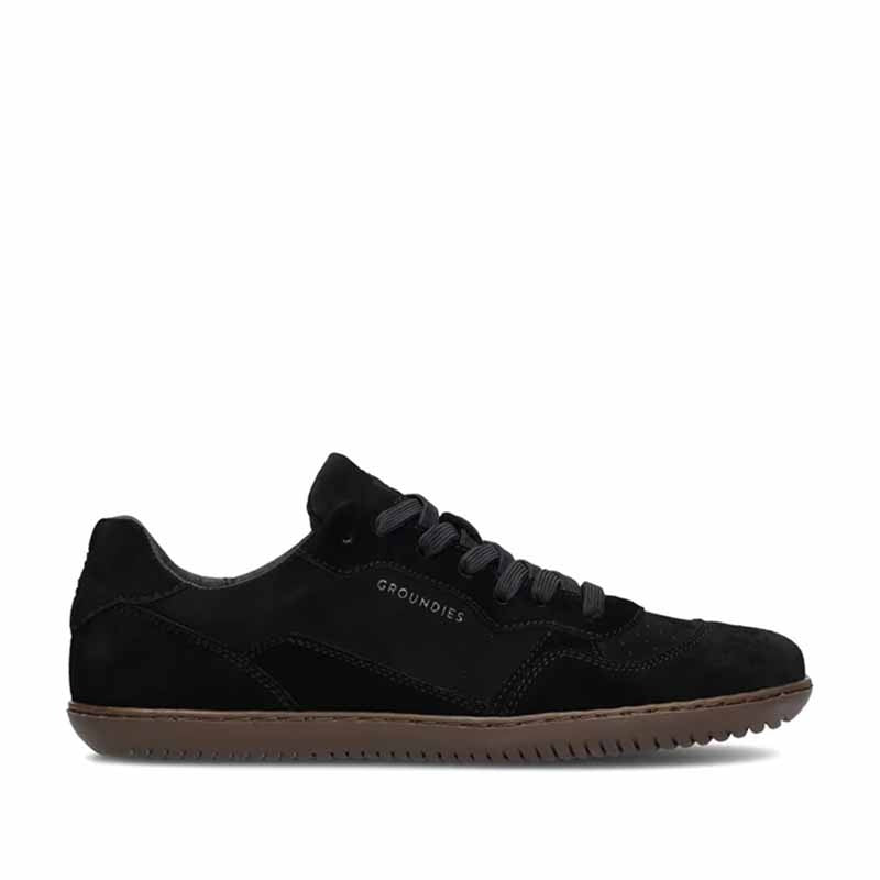 Groundies Adults Nova GO1 Trainer in black, outer side view.