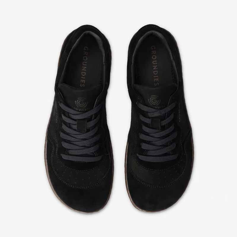 Pair of Groundies Adults Nova GO1 Trainers in black, top view.