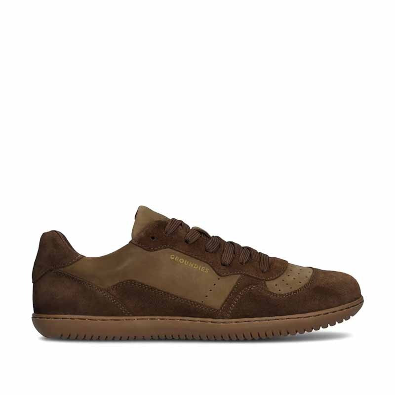 Groundies Adults Nova GO1 Trainer in chocolate, outer side view.