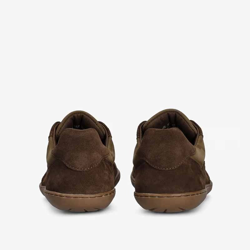 Pair of Groundies Adults Nova GO1 Trainers in chocolate, rear view.