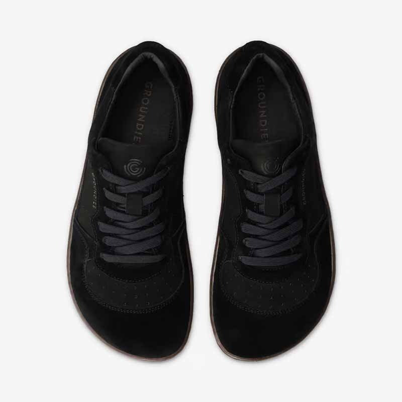 Pair of Groundies Adults Nova GO1+ Trainers in black, top view.