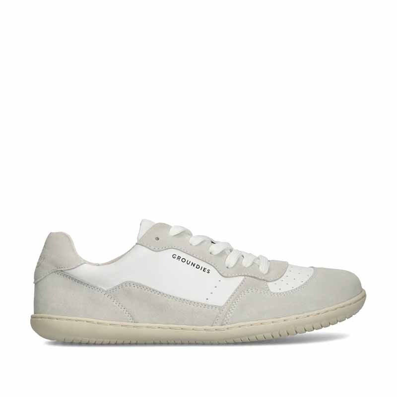 Groundies Adults Nova GO1+ Trainer - White/Off-White, outer side view.