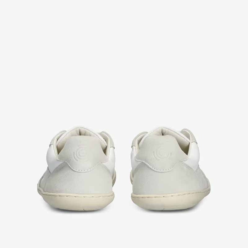 Pair of Groundies Adults Nova GO1+ Trainers - White/Off-White, rear view.