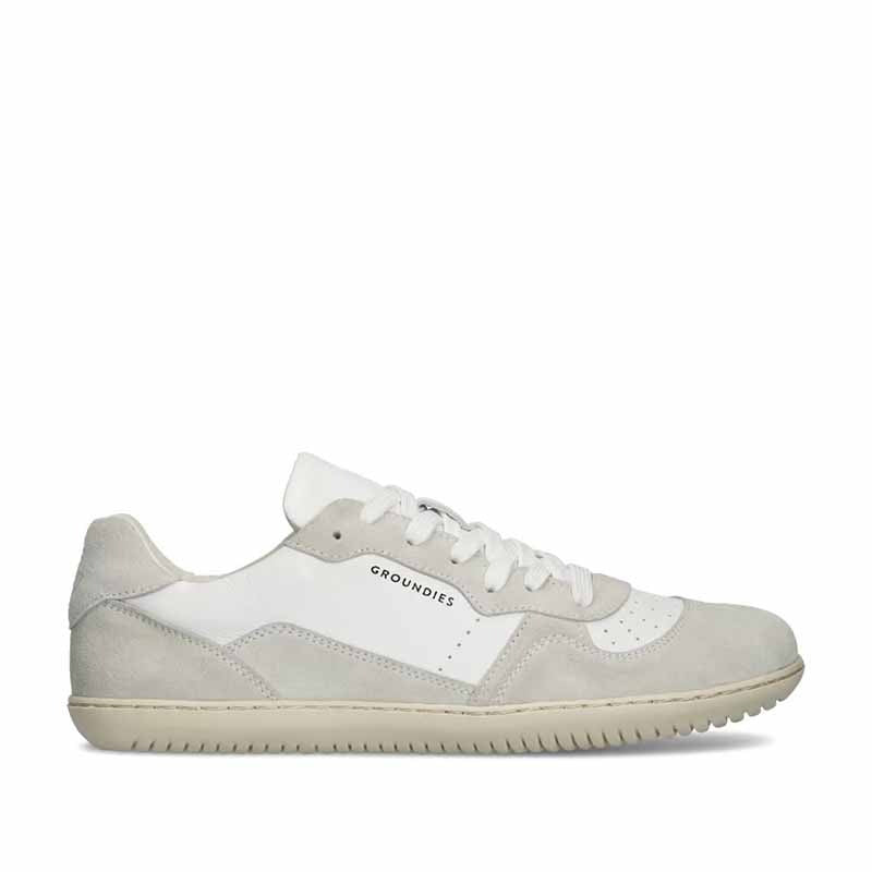 Groundies Adults Nova GO1 Trainer - White/Off-White, outer side view.