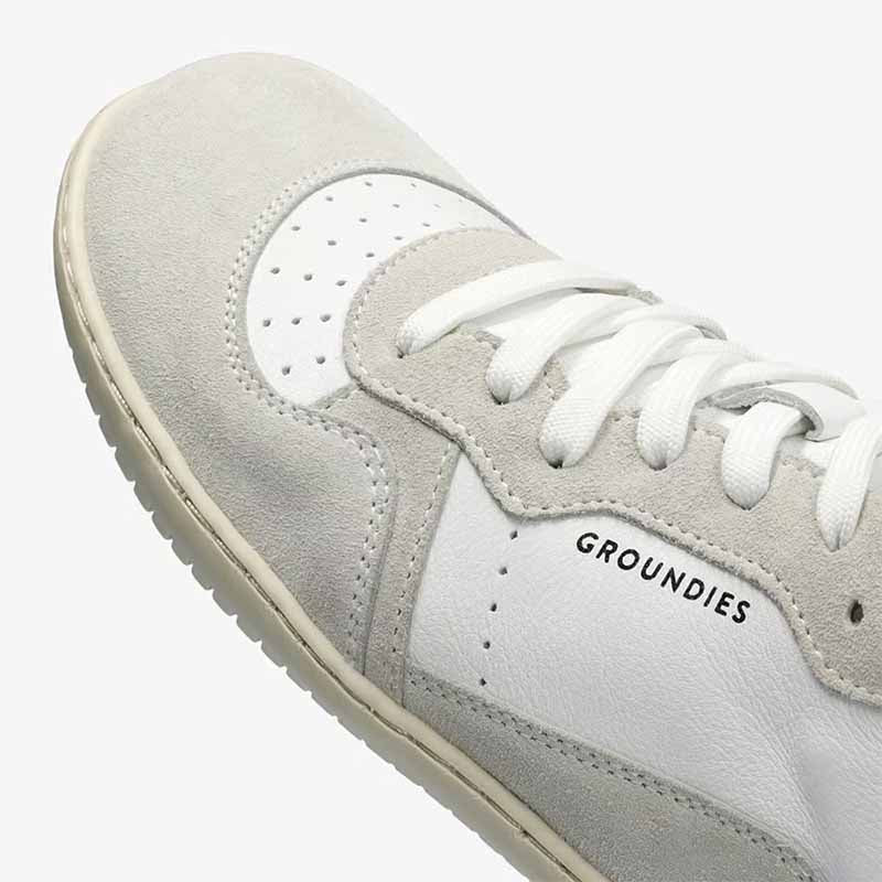 Groundies Adults Nova GO1 Trainer - White/Off-White, close up of outer side,