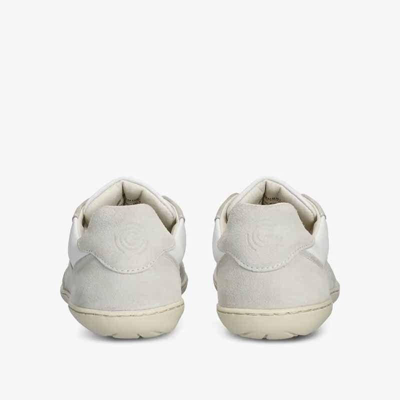 Pair of Groundies Adults Nova GO1 Trainers - White/Off-White, rear view.