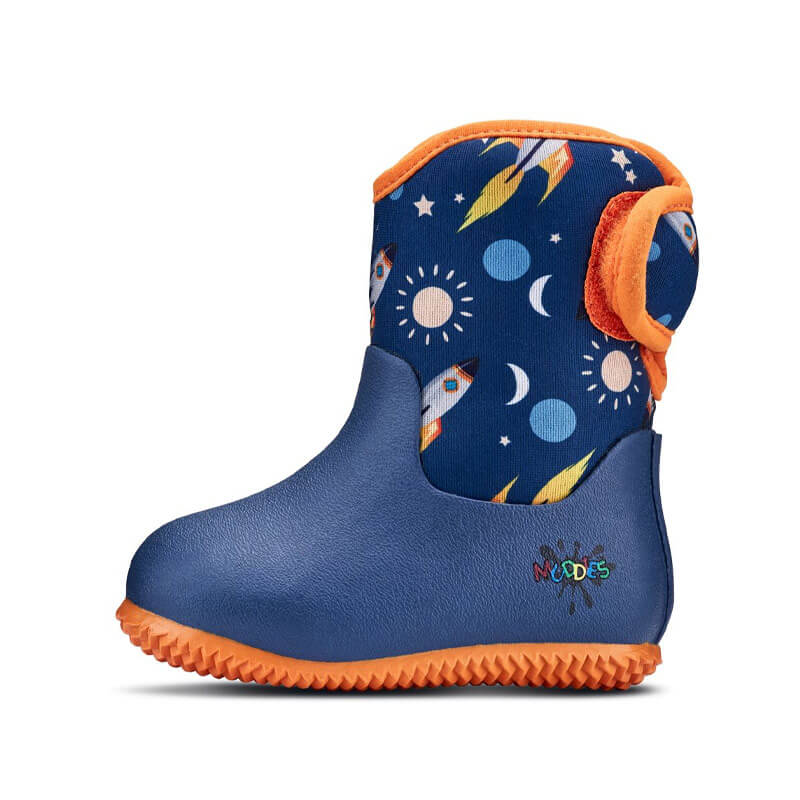 Muddies Waterproof Boot - Space/Orange, outer side view.
