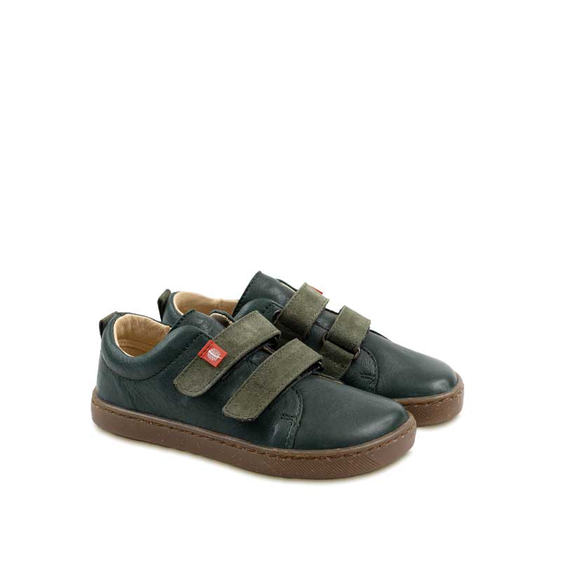 Pair of Tikki Lang.S Kids Shoes Harlequin - Green, angled view showing outer side and front.