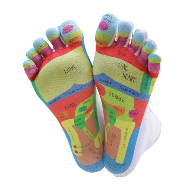 Pair of TOETOE Adults Health Reflexology Toe Socks - White, sole view.