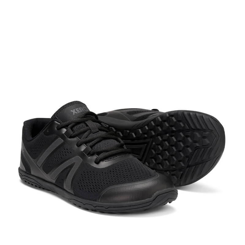 Pair of Xero Men's Trainers HFS II - Black, one angled showing the outer side and front view and the other showing the sole view.