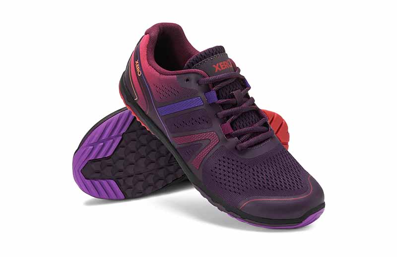 Pair of Xero Women's Trainers HFS II - Gradient Purple, one rested against the other. One angled showing the outer side an front view and the other showing the sole view.