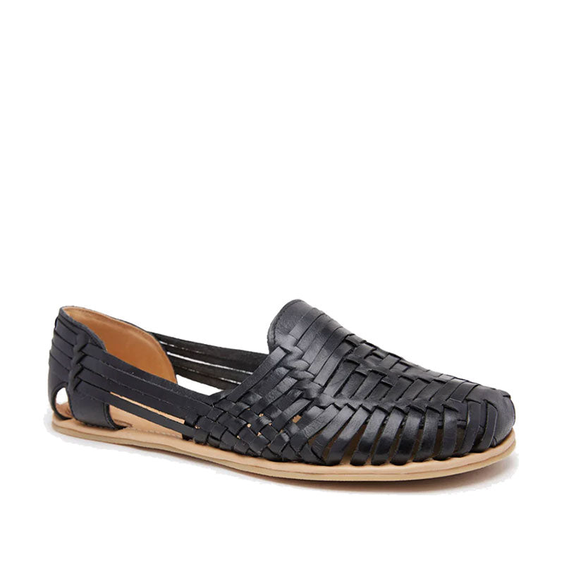 Origo Women's Huarache Slip-On Wide Sandal By Anya in black, angled view showing outer side and front.