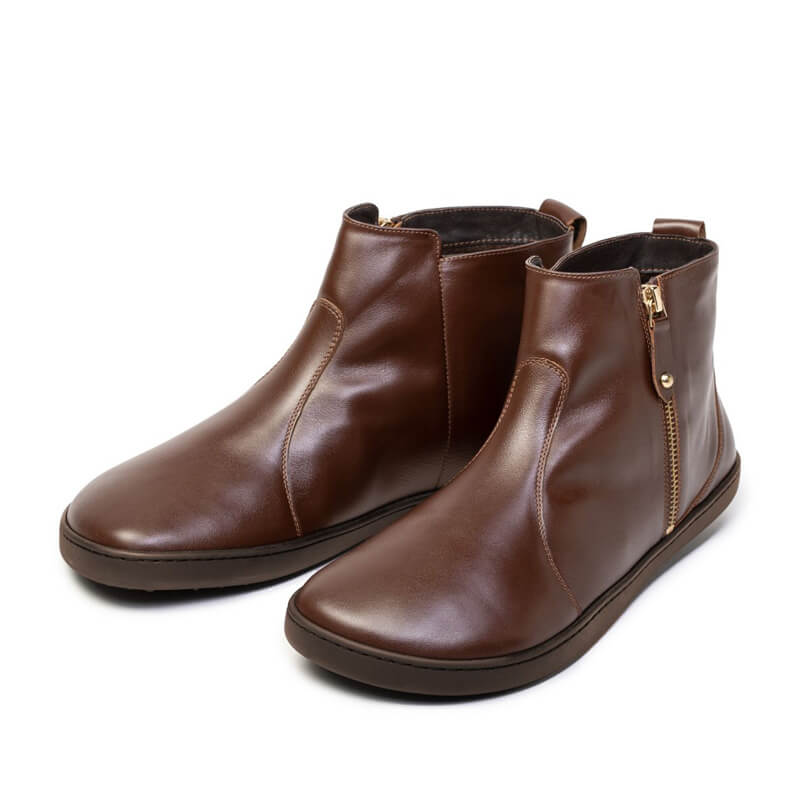 Pair of Shapen Women's Ivy 2.0 Ankle Boots - Brown, angled view showing inner and outer side and front.