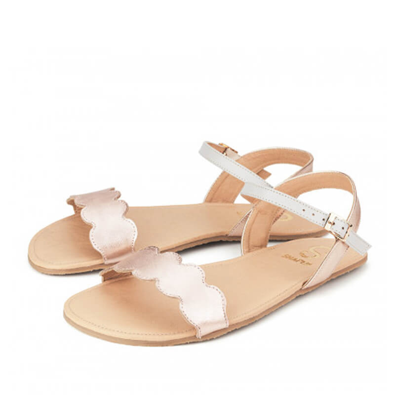 Pair of Shapen Women's Jasmine Sandals - Rose Gold, angled view showing outer side and front.