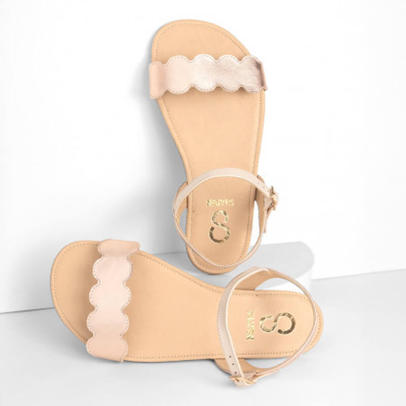 Pair of Shapen Women's Jasmine Sandals - Rose Gold, top view.