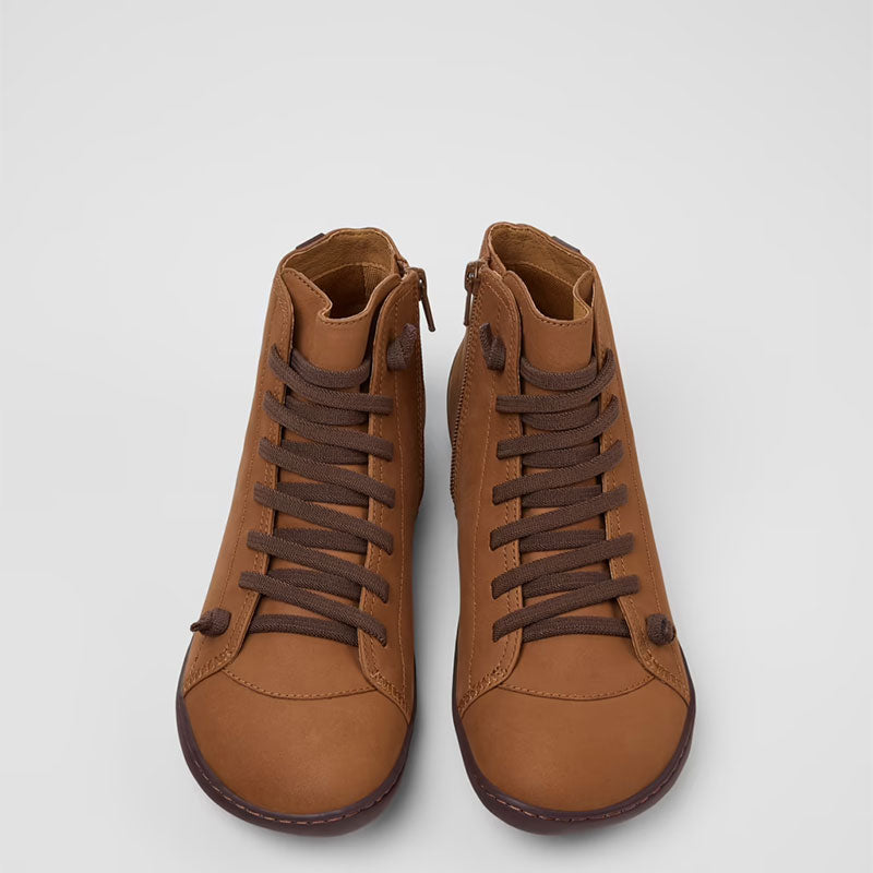 Pair of Camper Women's Peu Lace Ankle Boots in brown, front view.