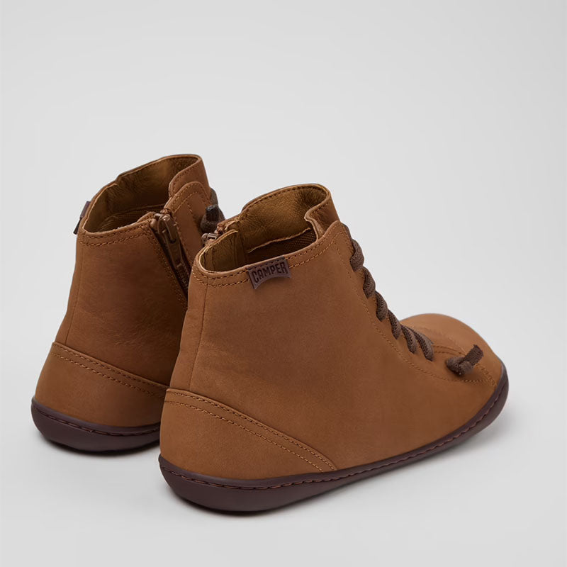 Pair of Camper Women's Peu Lace Ankle Boots in brown, angled view showing outer side and rear.