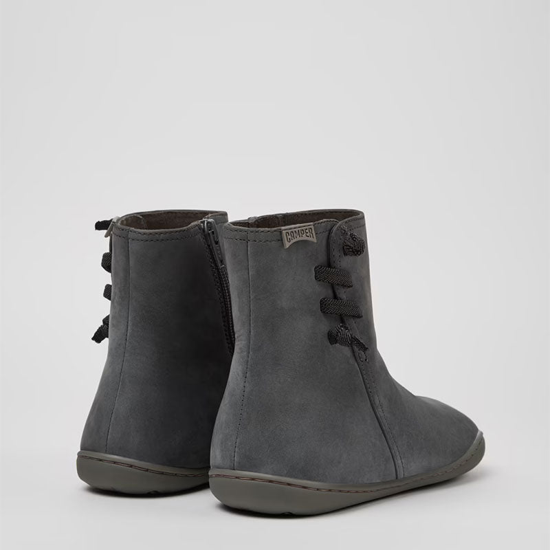Pair of Camper Women's Peu Ankle Boots in grey, angled view showing outer side and rear.