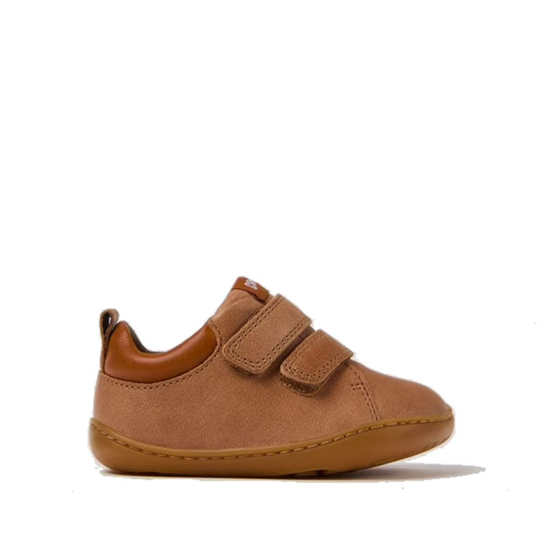 Camper Kids First Peu Leather Trainer in tan, outer side view.