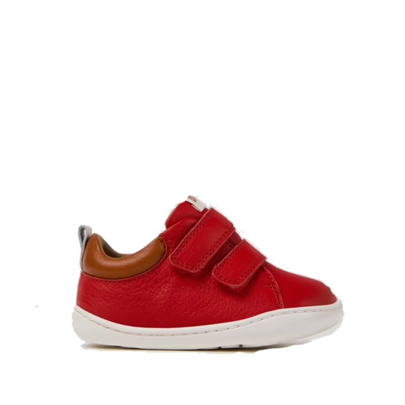 Camper Kids First Peu Leather Trainer in red. outer side view.