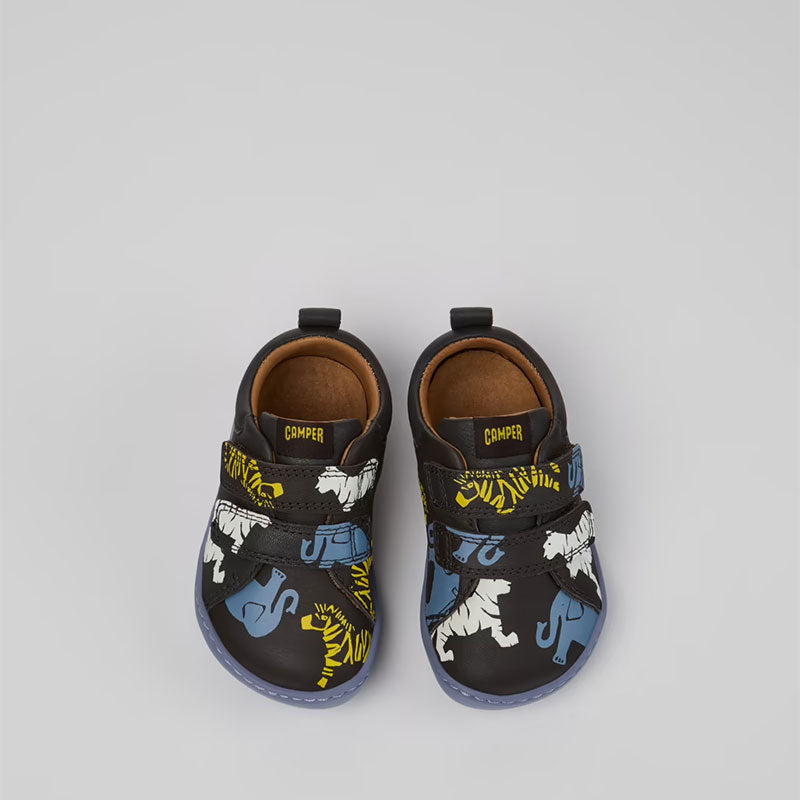 Pair of Camper Kids Twins Velcro Strap Leather Shoes - Animal Print Multi, top view.