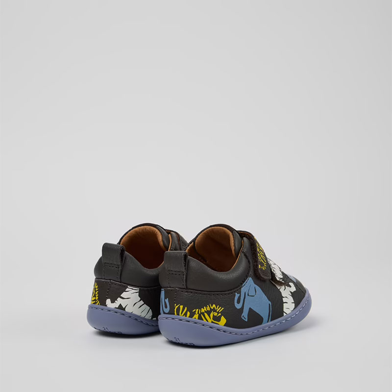 Pair of Camper Kids Twins Velcro Strap Leather Shoes - Animal Print Multi, angled view showing outer side and rear.